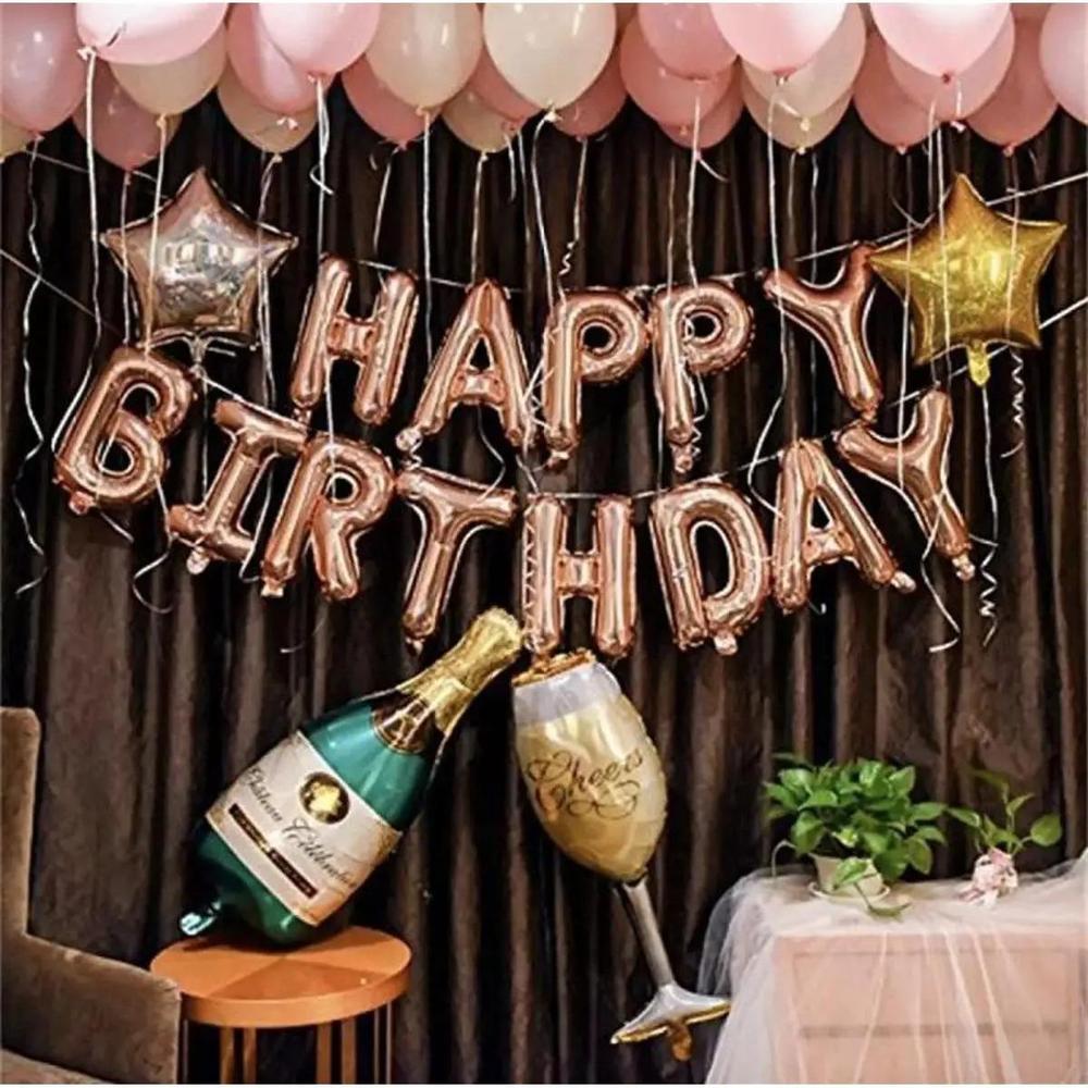 13 Pcs Happy Birthday Foil Balloons Set In Rose Gold Color